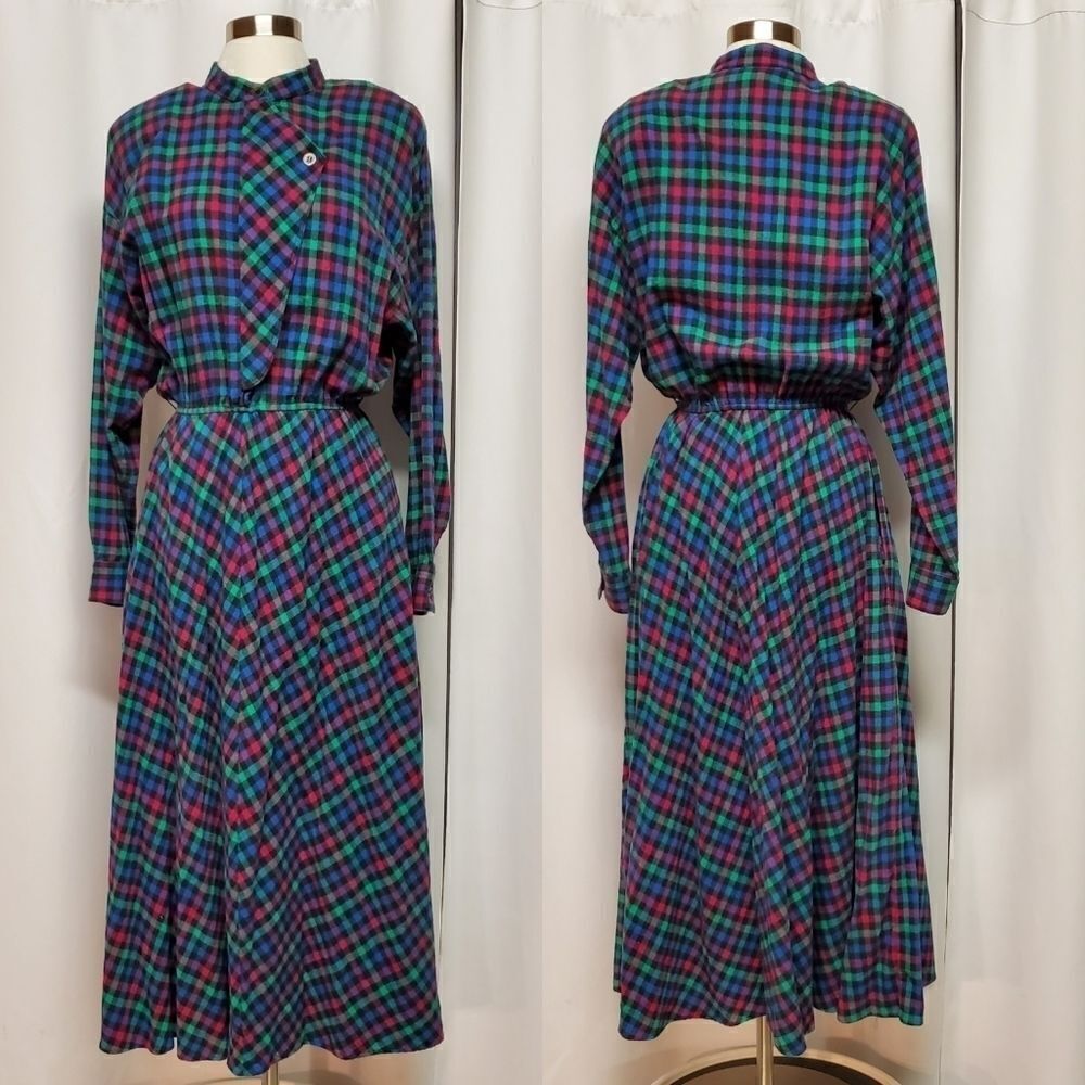 Vintage 80s Retro Carol Anderson Plaid Multicolor Rainbow Maxi Dress‎ Woman's 12